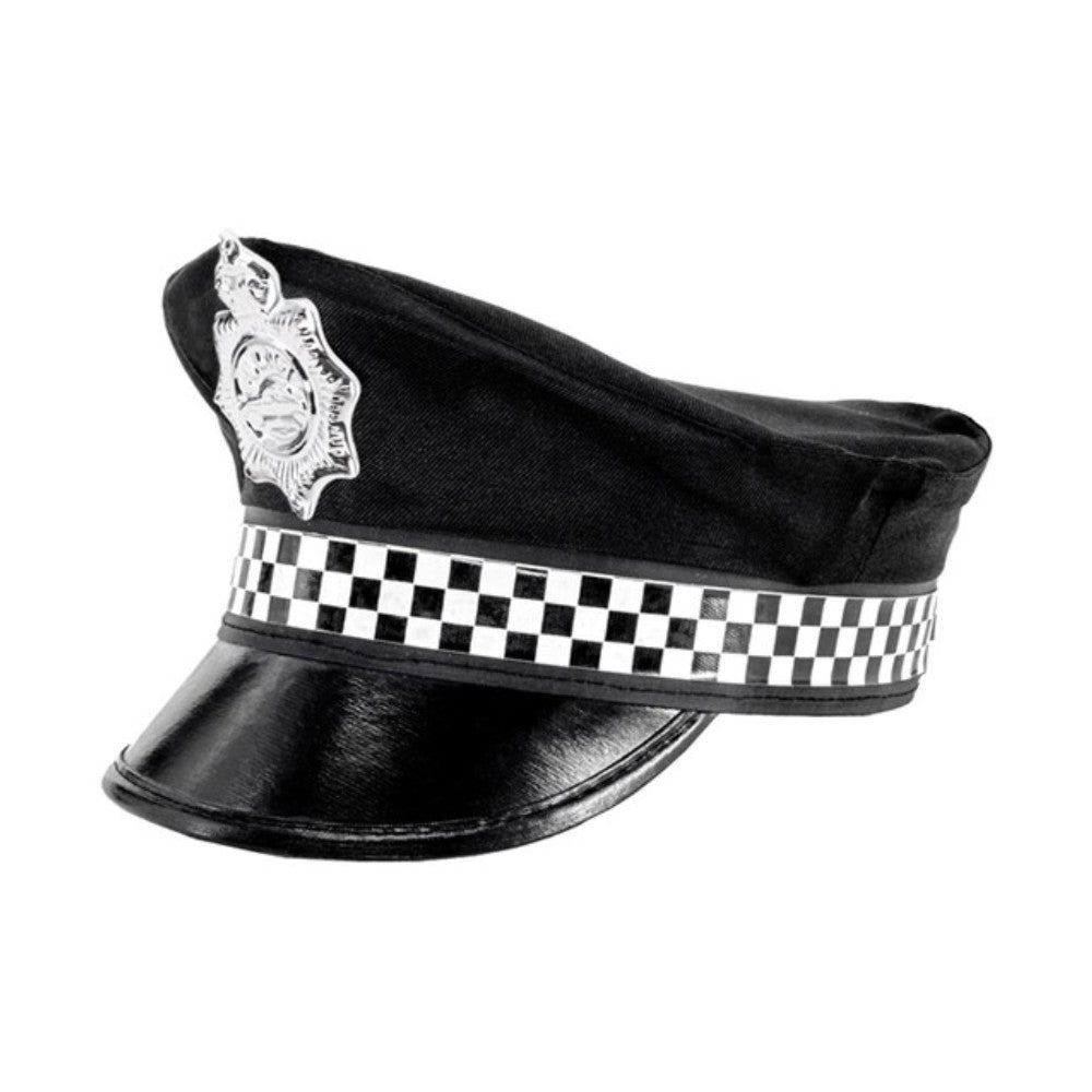 British Police Helmet — A black custodian style police helmet with a domed top, a narrow brim and a badge at the front.