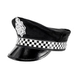British Police Helmet — A black custodian style police helmet with a domed top, a narrow brim and a badge at the front.