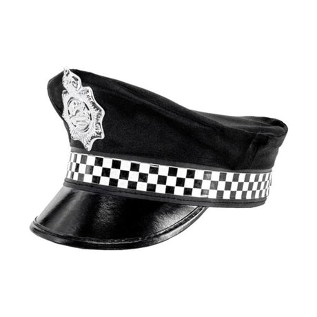 British Police Helmet — A black custodian style police helmet with a domed top, a narrow brim and a badge at the front.