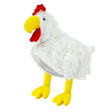 Chicken Hat — A soft white chicken hat with a red comb standing up along the crown, a yellow beak at the front and