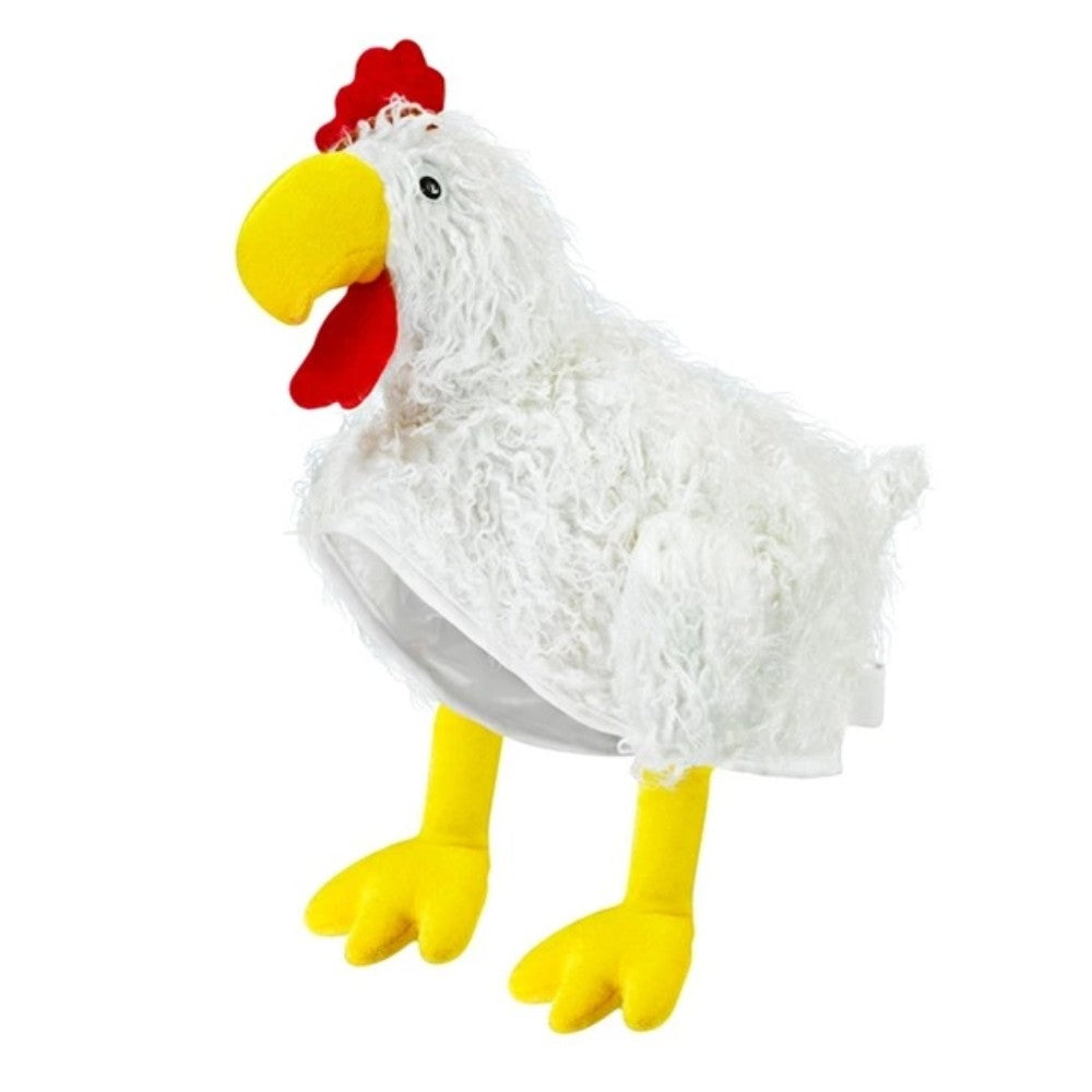 Chicken Hat — A soft white chicken hat with a red comb standing up along the crown, a yellow beak at the front and