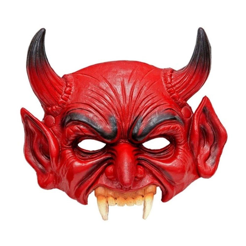 Chinless Devil Mask — A red foam latex devil mask with curled horns, a heavy creased brow and an open chin so your own jaw