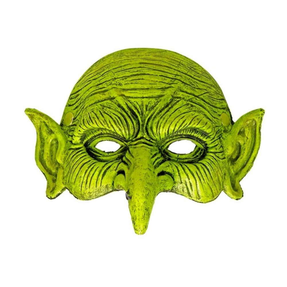 Chinless Witch Mask — A green foam latex witch mask with a long hooked nose, warts and deep lined cheeks, cut away at the 