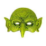 Chinless Witch Mask — A green foam latex witch mask with a long hooked nose, warts and deep lined cheeks, cut away at the 