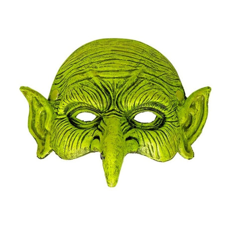 Chinless Witch Mask — A green foam latex witch mask with a long hooked nose, warts and deep lined cheeks, cut away at the 