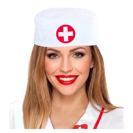 Classic Nurse Hat — A white polyester nurse cap with a folded crown and a red cross detail at the front.