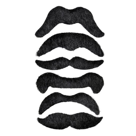 Cowboy Moustache Set — A pack of six stick-on moustaches in synthetic hair, cut in the heavy drooping shape that goes under