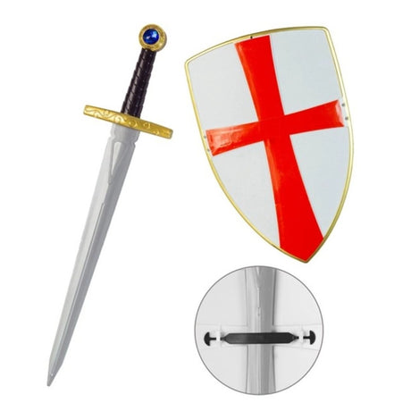 Crusader Sword and Shield Set — A white and red crusader shield of 19cm with a matching 49cm sword, both moulded in plastic.