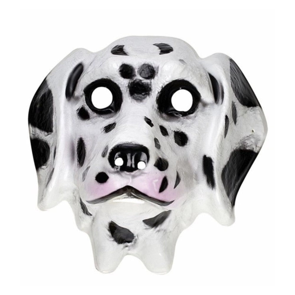 Dalmatian Mask — A moulded plastic face mask in white with black spots, a black nose and floppy printed ears.