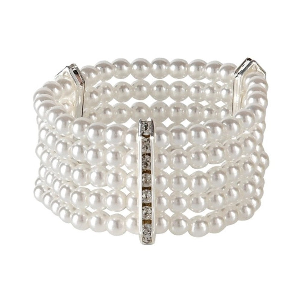 Deluxe Pearl and Diamante Bracelet — A wrist bracelet of ivory pearl-effect beads, broken up with small clear diamante stones on a metal 