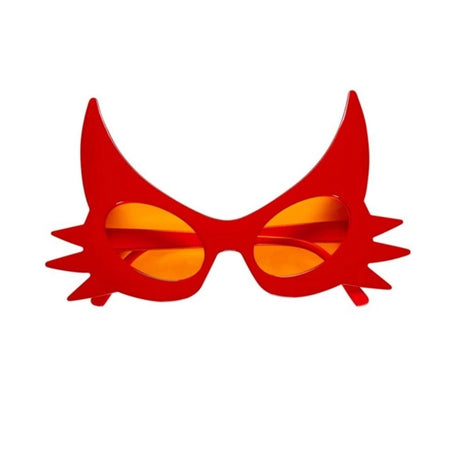 Devil Glasses — Red glasses with sharply angled outer corners and two small horns rising from the top of the frame.