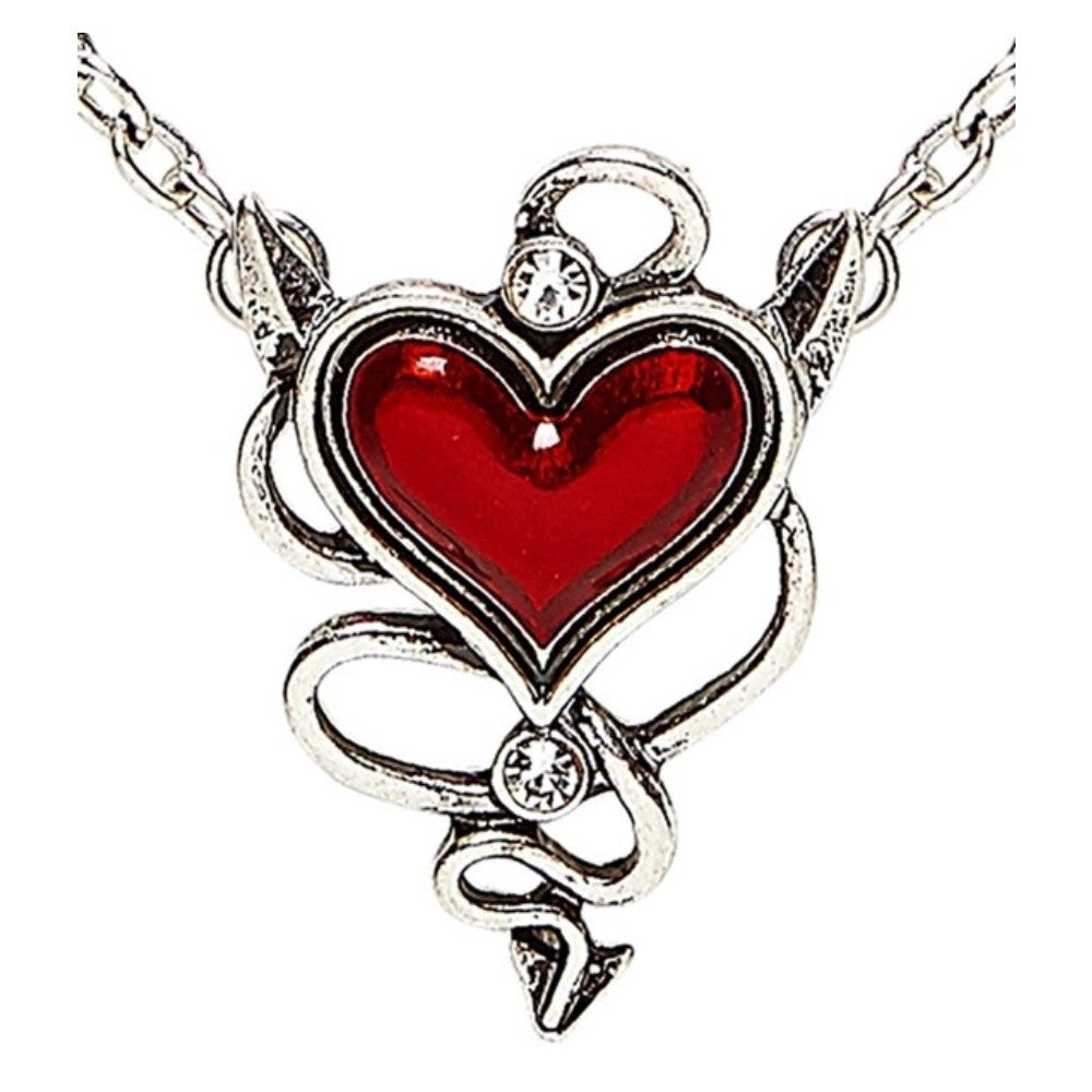 Devil Heart Gem Necklace — A red glass heart set in a metal frame, hung on a chain at the length of a standard pendant.