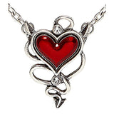 Devil Heart Gem Necklace — A red glass heart set in a metal frame, hung on a chain at the length of a standard pendant.