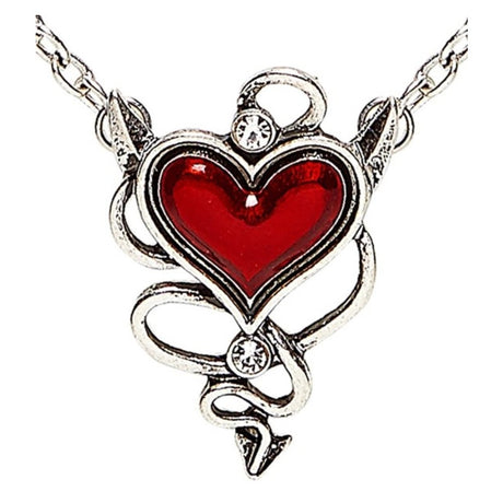 Devil Heart Gem Necklace — A red glass heart set in a metal frame, hung on a chain at the length of a standard pendant.
