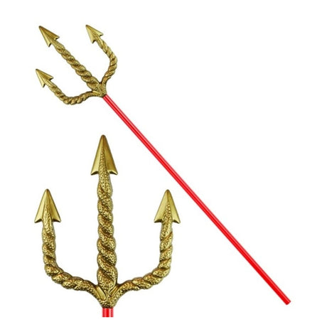 Devil Pitchfork with Gold Spiral Head — A 120cm devil's pitchfork with a gold spiral-twisted head on a red shaft.