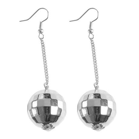 Disco Ball Earrings — A pair of mirrored disco ball earrings, each a small faceted sphere that catches the light as it tur