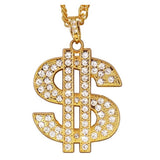 Dollar Sign Necklace with Rhinestones — A 65cm chain necklace with a large dollar-sign pendant set with rhinestones.