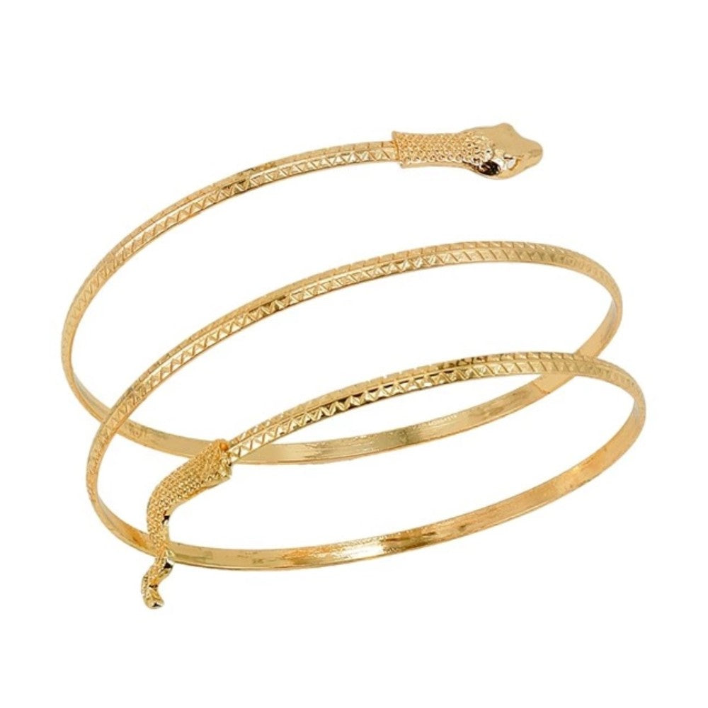 Egyptian Snake Bracelet — A gold-tone metal bracelet coiled into the shape of a snake, with the head and tail meeting at the o
