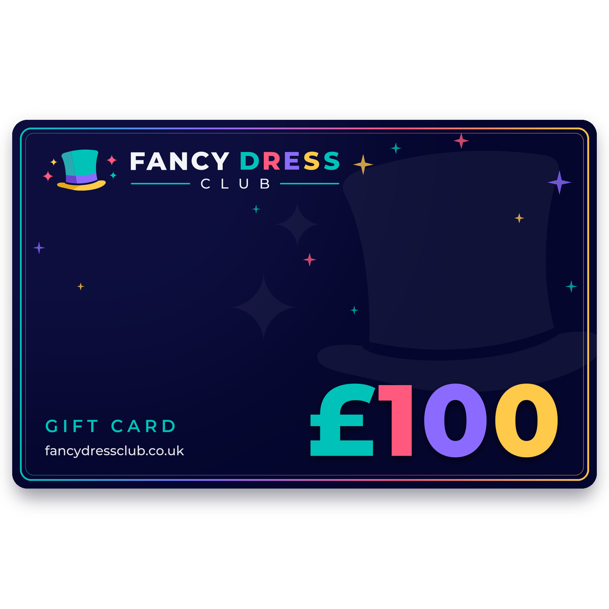 Fancy Dress Club £100 gift card, navy and colourful digital gift voucher