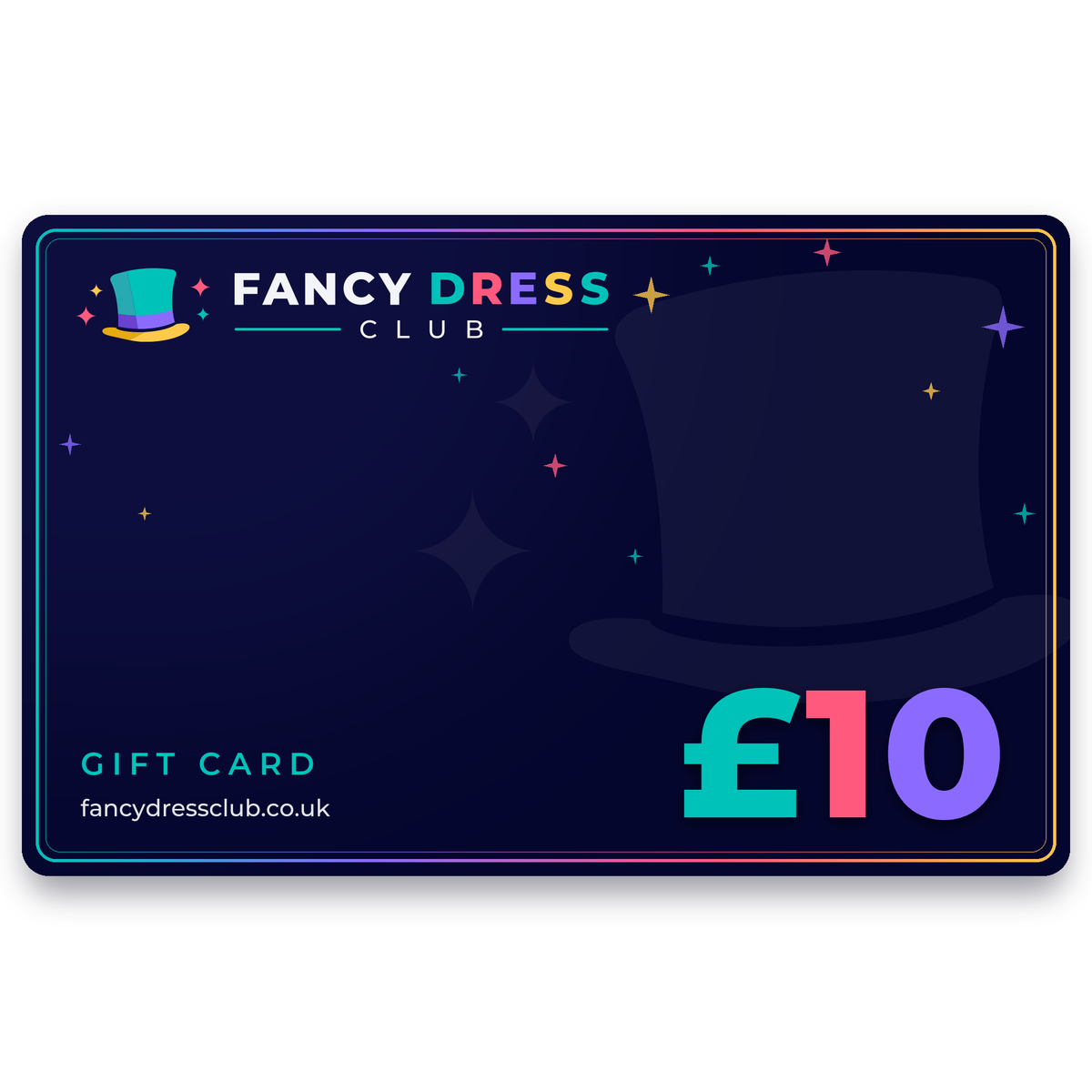 Fancy Dress Club £10 gift card, navy and colourful digital gift voucher