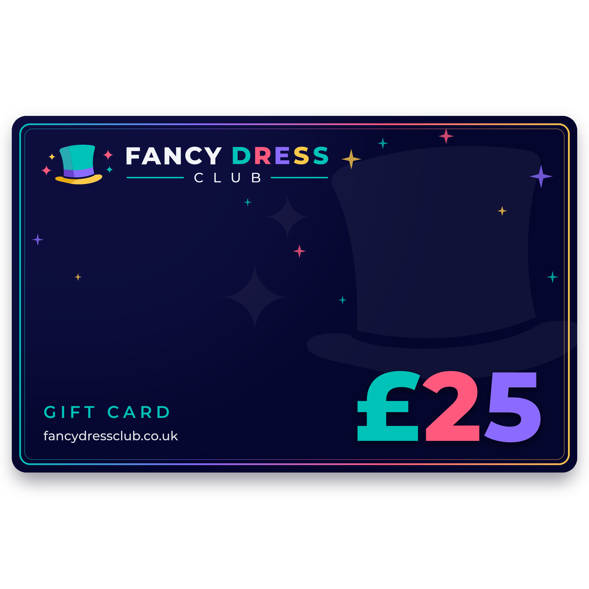 Fancy Dress Club £25 gift card, navy and colourful digital gift voucher