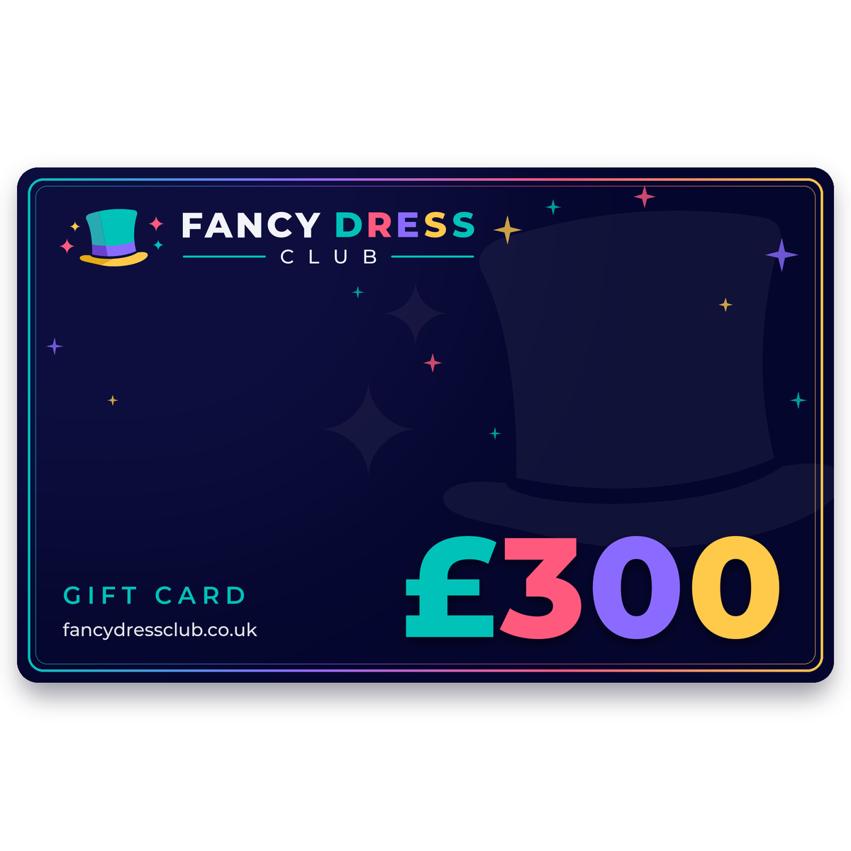 Fancy Dress Club £300 gift card, navy and colourful digital gift voucher