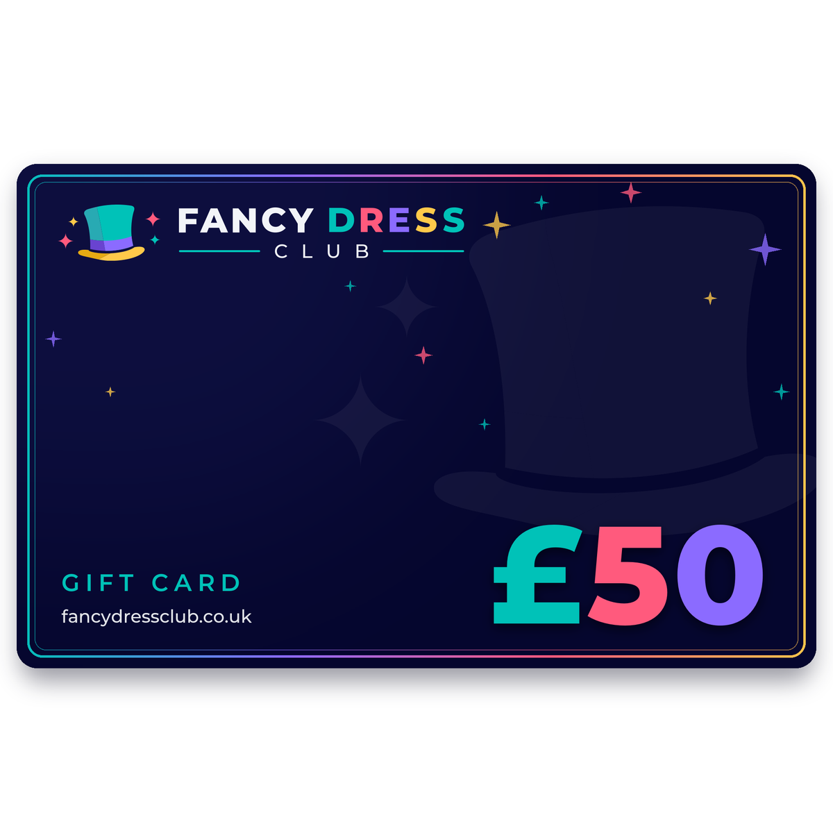 Fancy Dress Club £50 gift card, navy and colourful digital gift voucher