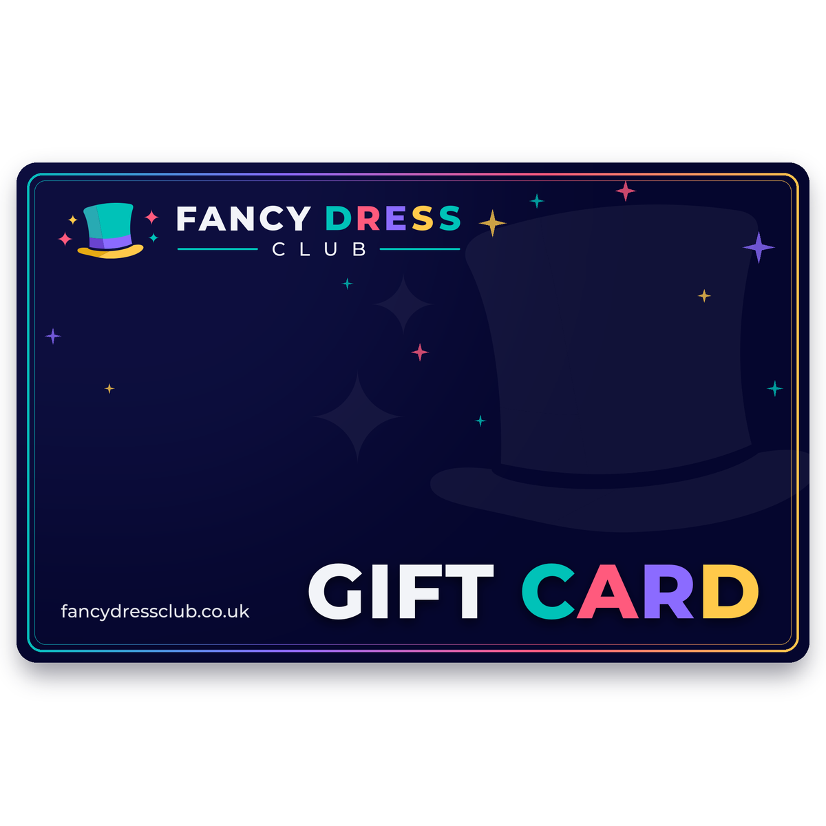 Fancy Dress Club gift card in navy with colourful sparkles, digital gift voucher