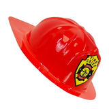 Fireman's Helmet — A red moulded PVC fire helmet with a domed crown, a ridged top and a long neck guard at the back.