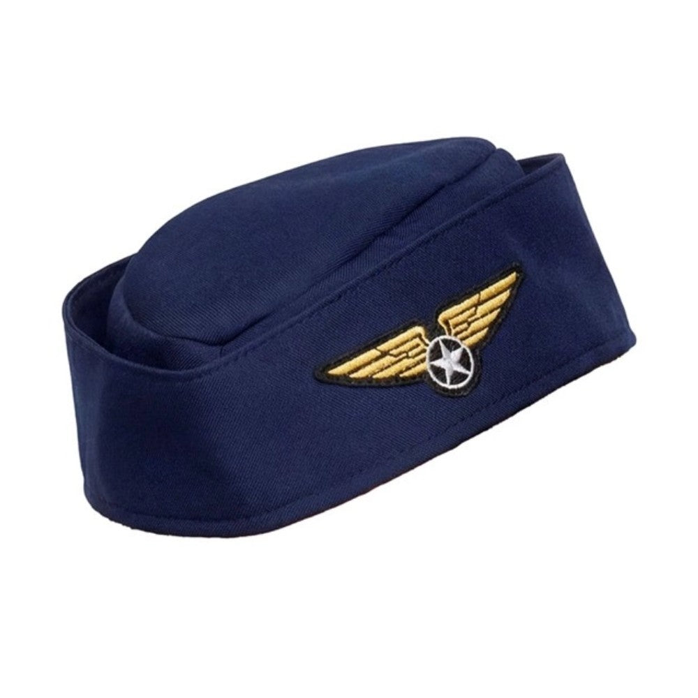 Flight Attendant Hat — A small navy polyester cabin crew hat with a shallow crown and a shaped front.