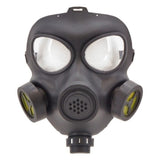 Gas Mask — A full-face gas mask in rigid black plastic with round eye lenses and a moulded filter canister at t