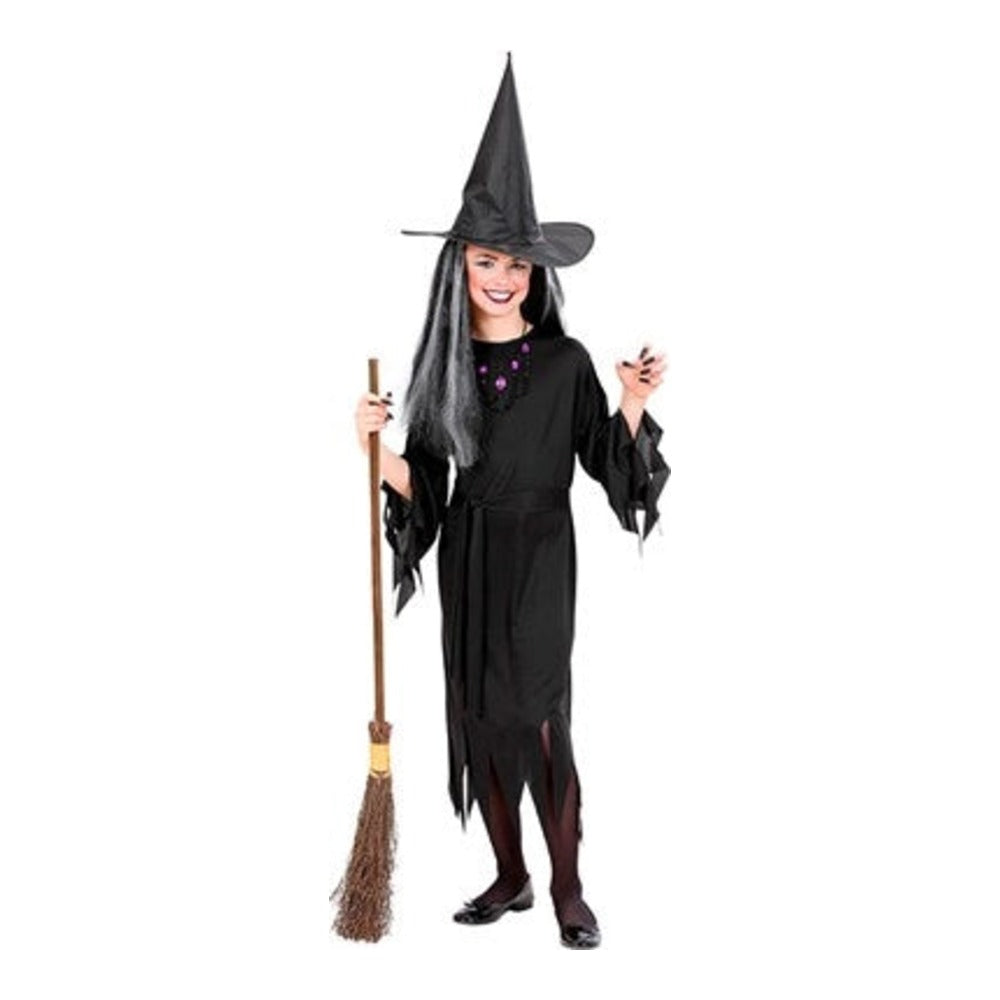 Girls' Classic Black Witch Costume with black dress, waist belt and pointed witch hat
