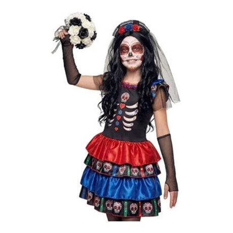Girls Day of the Dead Costume with tiered ruffle dress, arm warmers and flower veil headpiece