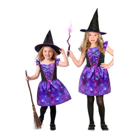 Girls' Galaxy Witch Costume with purple galaxy-print dress and matching pointed hat
