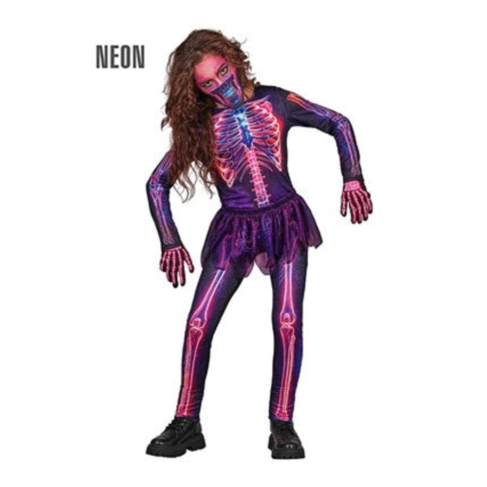 Girls' Neon Skeleton Tutu Costume with neon skeleton jumpsuit, tutu and face mask