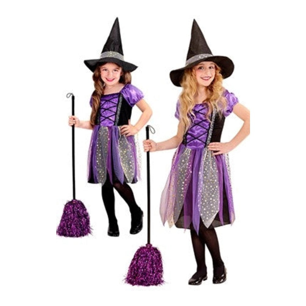 Girls' Purple Star Witch Costume with purple and silver star-print dress and pointed witch hat