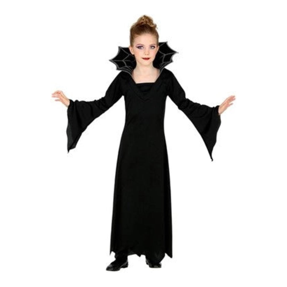 Girls Vampiress Costume with long black dress and web stand-up collar