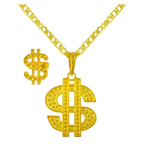 Gold Dollar Necklace and Ring Set — A two-piece set of gold-coloured costume jewellery: a dollar-sign necklace and a matching dollar rin