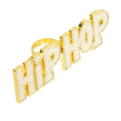 Gold Hip Hop Ring — An oversized gold-coloured ring in the chunky hip hop style, made from finished metal rather than pl