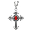 Gothic Cross Necklace with Red Gem — An ornate silver-tone cross pendant with a single red stone at its centre, hung on a matching chain.