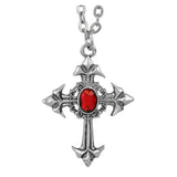 Gothic Cross Necklace with Red Gem — An ornate silver-tone cross pendant with a single red stone at its centre, hung on a matching chain.