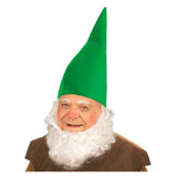 Green Gnome Hat — A tall green cone-shaped gnome hat in plain polyester, with an open brim and a soft point that flops