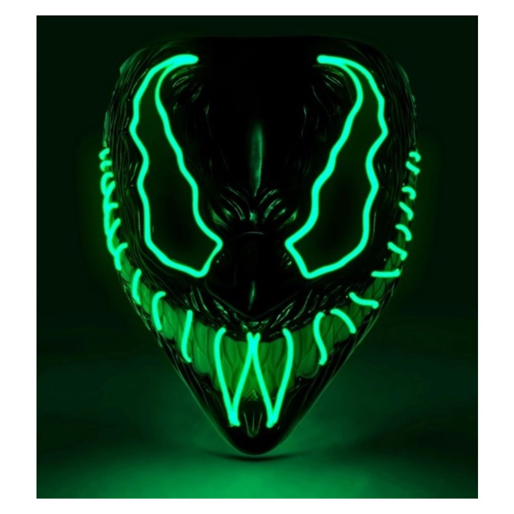 Green LED Monster Mask — A rigid full-face monster mask with a heavy brow and a wide fanged grin, lit by green LEDs that trac