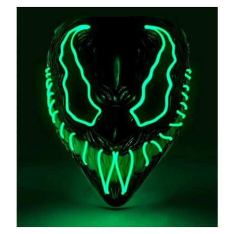 Green LED Monster Mask — A rigid full-face monster mask with a heavy brow and a wide fanged grin, lit by green LEDs that trac