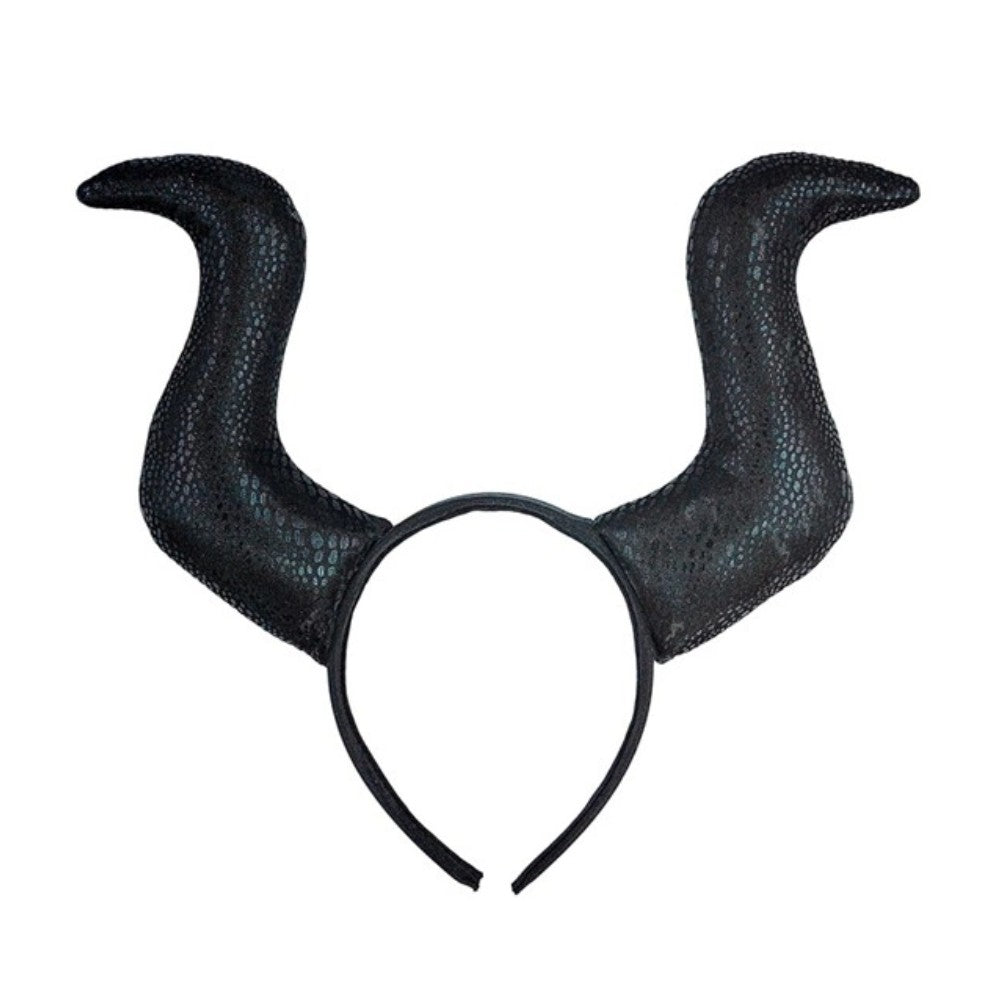 Horned Villain Headband — A black fabric-covered headband with two curved horns rising from either side, in the style of a dar