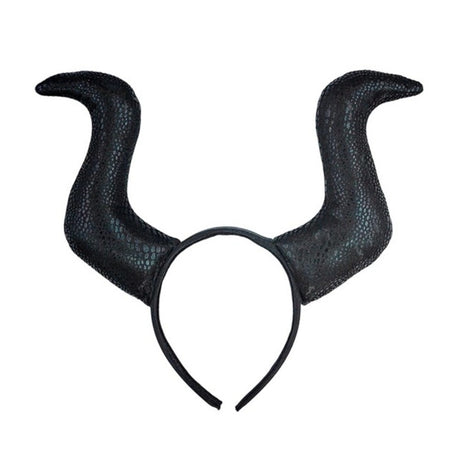 Horned Villain Headband — A black fabric-covered headband with two curved horns rising from either side, in the style of a dar