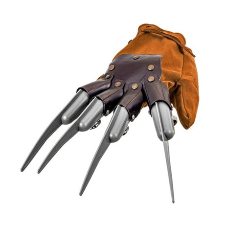 Horror Claw Glove with four long metal-effect blades on a tan suede-look glove