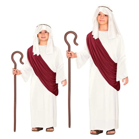 Kids Biblical Robe Costume — A long white gown for children, worn with a red toga draped over one shoulder and a simple cloth hea