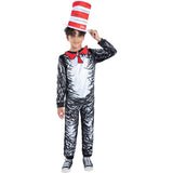 Kids' Dr Seuss Cat in the Hat costume with printed jumpsuit, red bow tie and striped tall hat