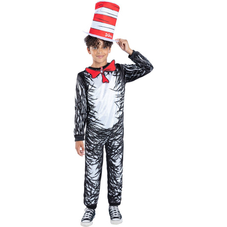 Kids' Dr Seuss Cat in the Hat costume with printed jumpsuit, red bow tie and striped tall hat